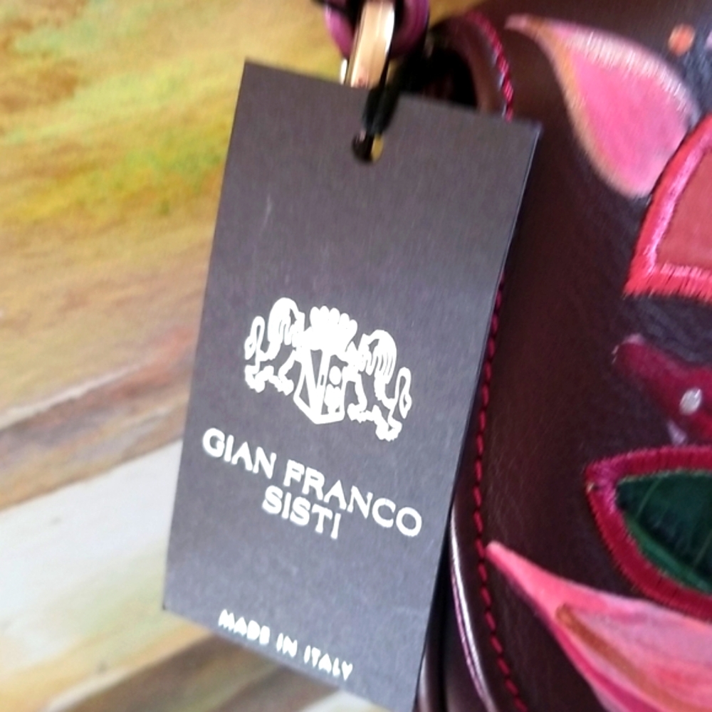 ARTSY GIAN Franco SISTI Wine Floral Collage Appliques Leather Shoulder Bag NWT - Picture 3 of 13